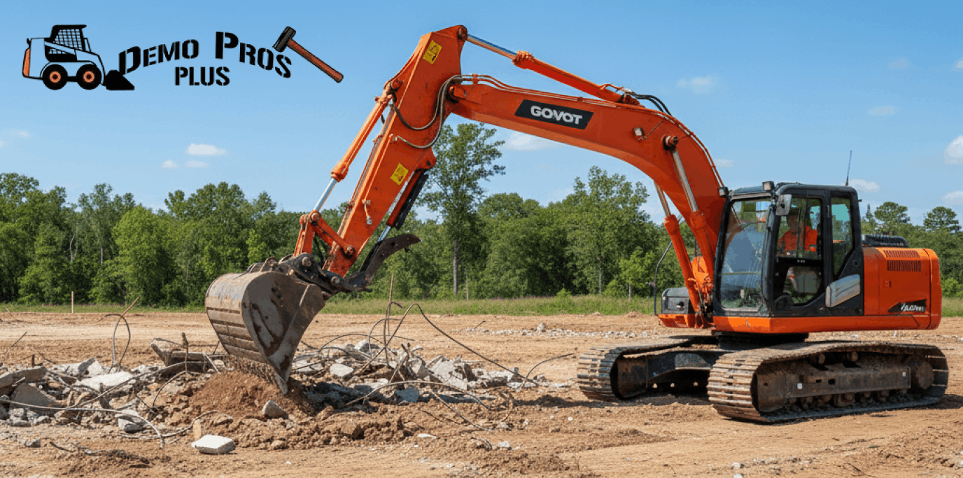 Orange excavator clearing debris on construction site.