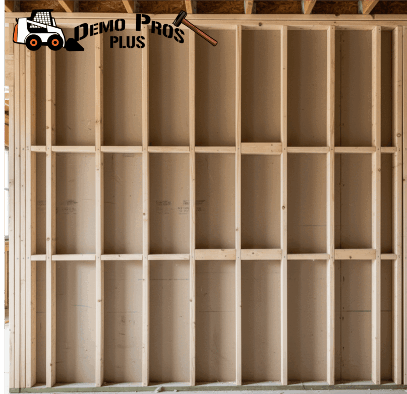 A clean demolition site showing wooden studs after professional insulation vacuuming.