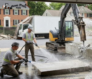 Workers using water hoses during concrete demolition.