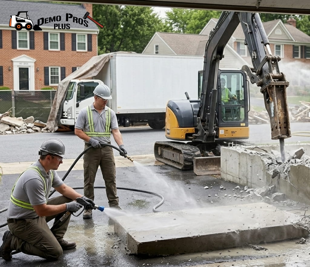 Workers using water hoses during concrete demolition.